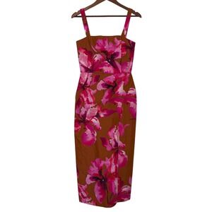 THEIA Floral Midi Dress Square Neck Sheath Brown Pink Occasion Size 4